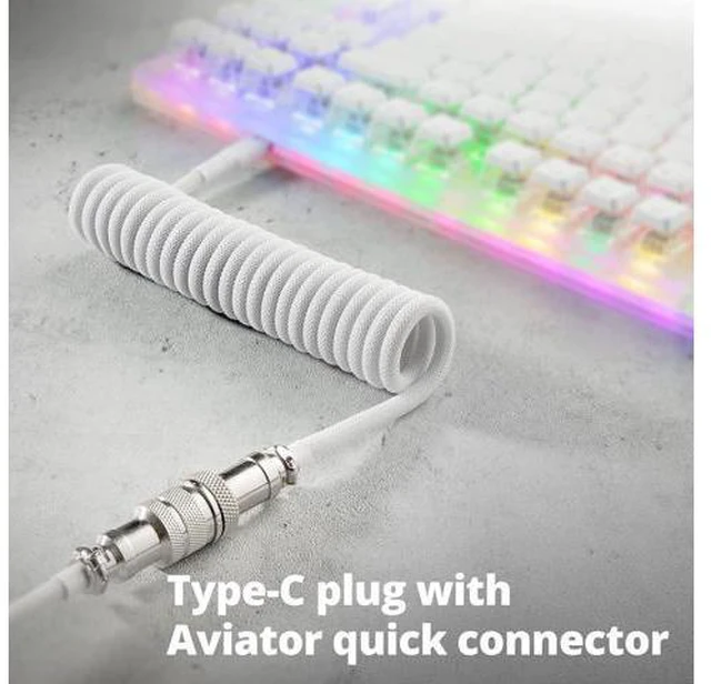 Alt view image 2 of 7 - Custom Coiled USB-C Cable for Mechanical Gaming Keyboard, Double-Sleeved with Detachable Metal Aviator Connector, 1.5M USB-C to USB-A, White