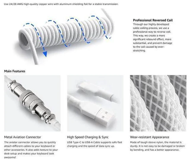 Alt view image 7 of 7 - Custom Coiled USB-C Cable for Mechanical Gaming Keyboard, Double-Sleeved with Detachable Metal Aviator Connector, 1.5M USB-C to USB-A, White