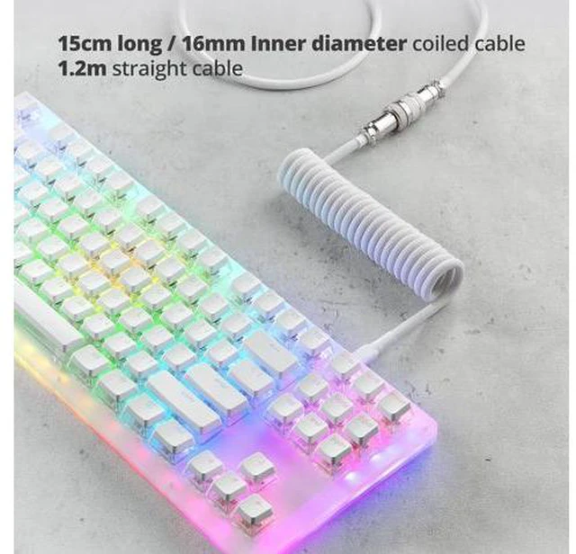 Alt view image 3 of 7 - Custom Coiled USB-C Cable for Mechanical Gaming Keyboard, Double-Sleeved with Detachable Metal Aviator Connector, 1.5M USB-C to USB-A, White