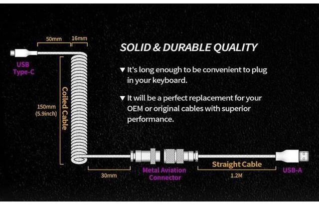 Alt view image 4 of 7 - Custom Coiled USB-C Cable for Mechanical Gaming Keyboard, Double-Sleeved with Detachable Metal Aviator Connector, 1.5M USB-C to USB-A, White