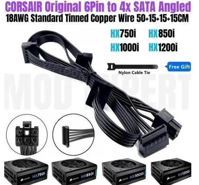 Main image of Original New 6Pin to 4 SATA Angled HDD SSD Power Cable for CORSAIR HX750i HX850i HX1000i HX1200i Modular PSU 18AWG 50+15+15+15CM