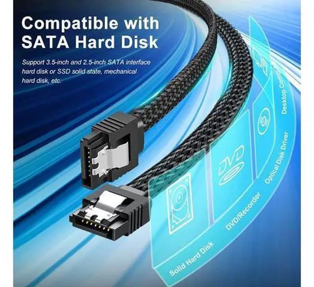 Alt view image 2 of 7 - SATA III Cable,Electop 6Gbps Straight HDD SDD Data Cable, SATA 3.0 Nylon Braided Cable with Locking Latch for SATA HDD, SSD, CD Driver, CD Writer(20 Inch, Black,5 Pack)