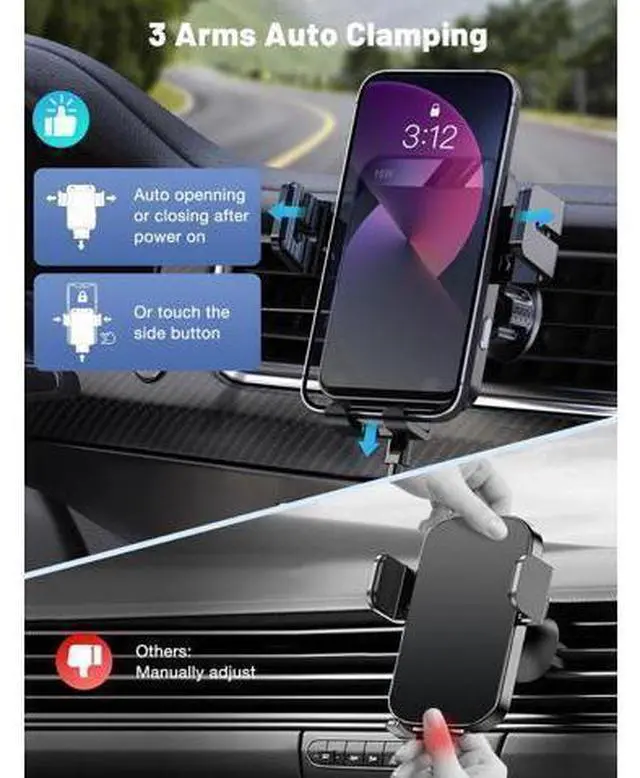Alt view image 3 of 6 - Wireless Car Charger Auto-Clamping Car Mount 15W/10W/7.5W Fast Charging Air Vent Car Phone Mount Compatible with iPhone 15/14/13/13 Pro/12 Pro Max/12 pro/12/11/10 Series Galaxy Series