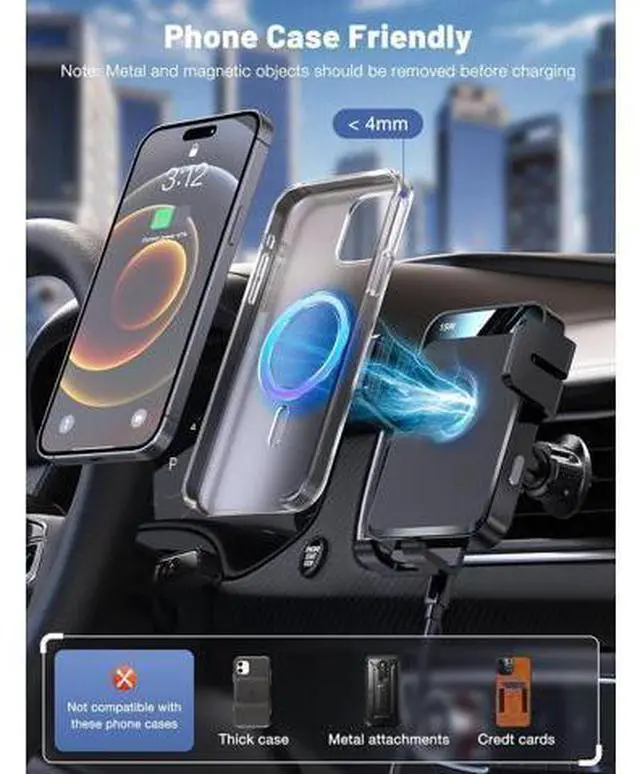 Alt view image 6 of 6 - Wireless Car Charger Auto-Clamping Car Mount 15W/10W/7.5W Fast Charging Air Vent Car Phone Mount Compatible with iPhone 15/14/13/13 Pro/12 Pro Max/12 pro/12/11/10 Series Galaxy Series