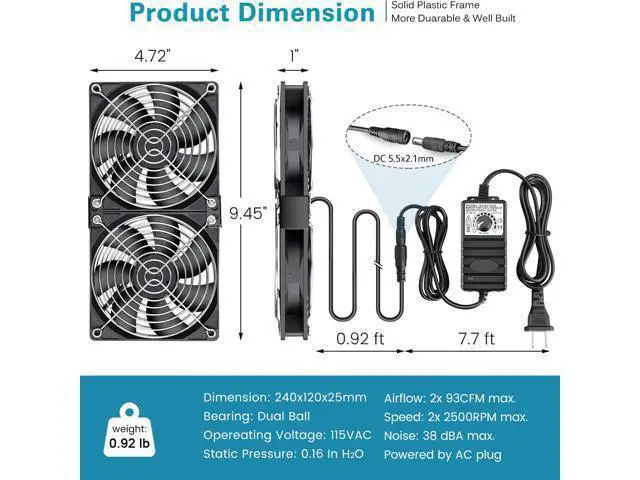 Alt view image 5 of 5 - GDSTIME Big Airflow Dual 120mm Fans DC 12V Powered Fan with AC 110V - 240V Speed Control, Cabinet Chassis Cooling Fan, Server Workstation Cooling Fan