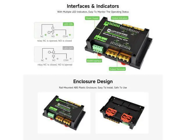 Alt view image 5 of 5 - Waveshare Industrial Modbus RTU 4-ch Relay Module with RS485 Interface, 30A High Current, Onboard LED Indicators, Multi Isolation Protection Circuits, Industrial Grade Rail-Mount Case