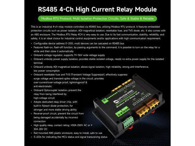 Alt view image 3 of 5 - Waveshare Industrial Modbus RTU 4-ch Relay Module with RS485 Interface, 30A High Current, Onboard LED Indicators, Multi Isolation Protection Circuits, Industrial Grade Rail-Mount Case