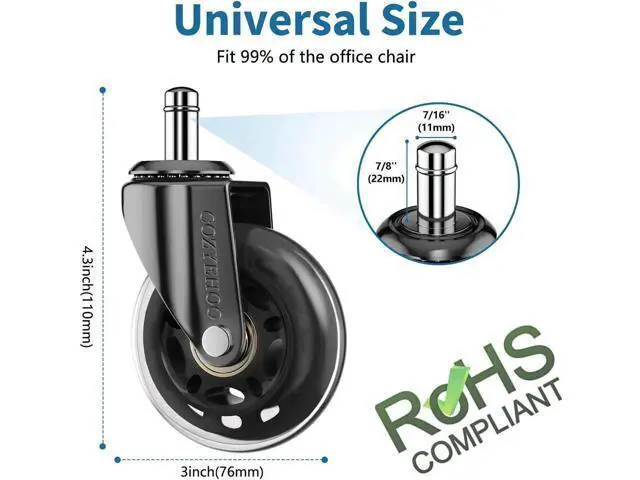 Alt view image 3 of 6 - Office Chair Wheels, Heavy-Duty Caster Wheels 3 Inch, Replacement Wheels for Office Chair, Rubber Casters for Wood Floors/Carpet, Safe Quiet Rolling for Office Desk Chair Chair Wheels Set of 5