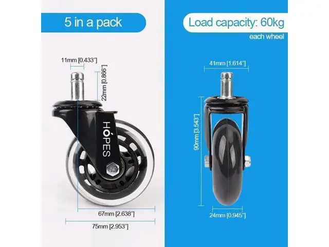 Alt view image 4 of 7 - Office Chair Caster Wheels (Set of 5) - Heavy Duty & Safe for All Floors Including Hardwood - Perfect Replacement for Desk Floor Mat - Rollerblade Style w/Universal Fit