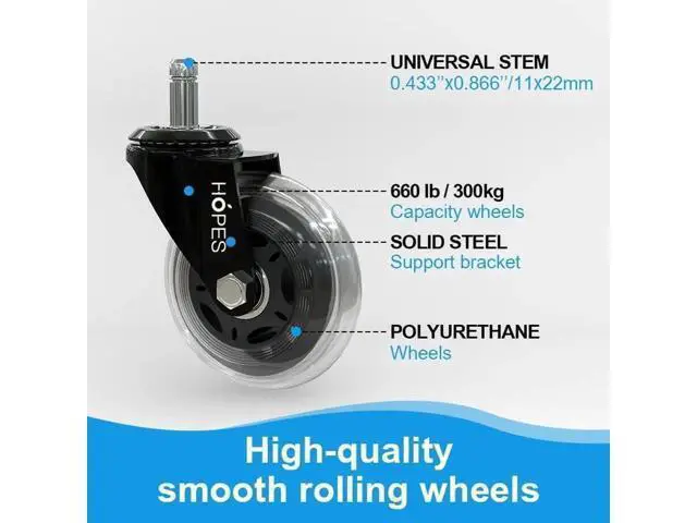 Alt view image 2 of 7 - Office Chair Caster Wheels (Set of 5) - Heavy Duty & Safe for All Floors Including Hardwood - Perfect Replacement for Desk Floor Mat - Rollerblade Style w/Universal Fit