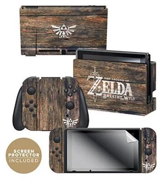 Main image of nintendo switch skin & screen protector set, officially licensed by nintendo the legend of zelda breath of the wild "woodgrain triforce" nintendo switch
