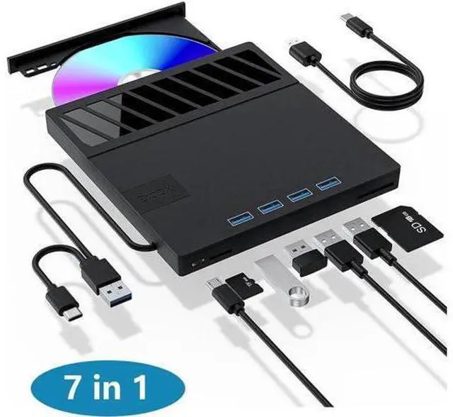 Main image of External CD/DVD Drive for Laptop, 7 in 1 USB Ultra-Slim Portable CD/DVD Player Burner, with 4 USB Ports, SD/TF Card Reader CD ROM Compatible with External DVD Player for Windows 11/10/8/7 Linux