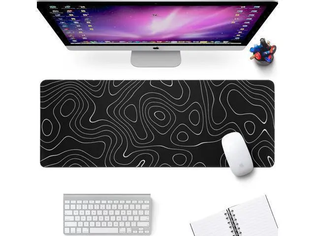 Alt view image 2 of 7 - Large Topographic Map Gaming Mouse Pad for Desk Black Desk Pad with Non-Slip Rubber Base Stitched Edge Desk Organizers and Accessories Desk Decor