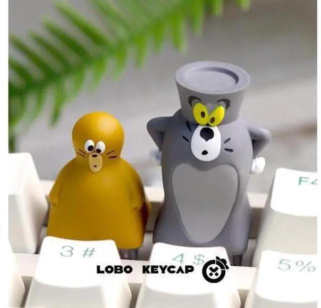 Main image of Cat and Mouse cute and quirky personality keycaps for individual resin mechanical keyboard caps that can be replaced and customized with ESC. (Just the key caps)