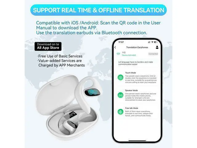 Alt view image 2 of 7 - AI Translation Earbuds, 144 Language Translator Real Time,Noise Canceling Bluetooth Headphones,Bone Conduction Earbuds Translating Device for Travel, Business -White