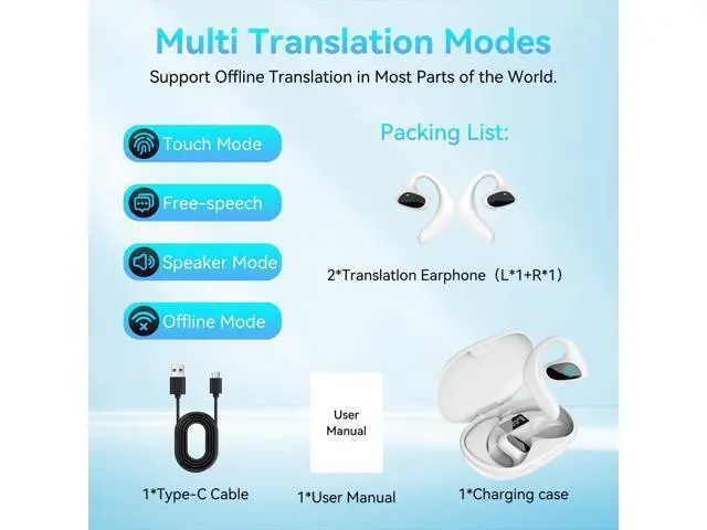 Alt view image 7 of 7 - AI Translation Earbuds, 144 Language Translator Real Time,Noise Canceling Bluetooth Headphones,Bone Conduction Earbuds Translating Device for Travel, Business -White