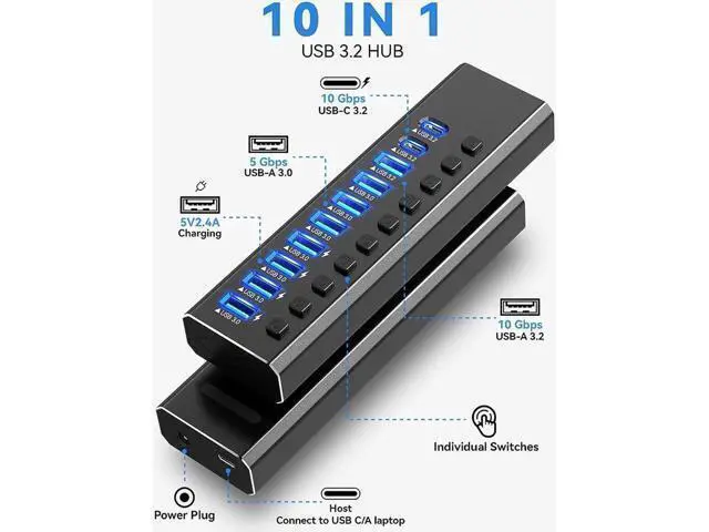 Alt view image 2 of 7 - Powered USB Hub 3.2, 10-Port USB 3.2/USB C Hub (10Gbps USB-A 3.2 + 2x USB-C 3.2 + 7x USB 3.0 Ports) with Individual On/Off Switches and 12V Power Adapter, Aluminum USB Hub Powered for Laptop PC