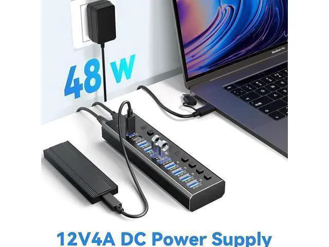 Alt view image 4 of 7 - Powered USB Hub 3.2, 10-Port USB 3.2/USB C Hub (10Gbps USB-A 3.2 + 2x USB-C 3.2 + 7x USB 3.0 Ports) with Individual On/Off Switches and 12V Power Adapter, Aluminum USB Hub Powered for Laptop PC