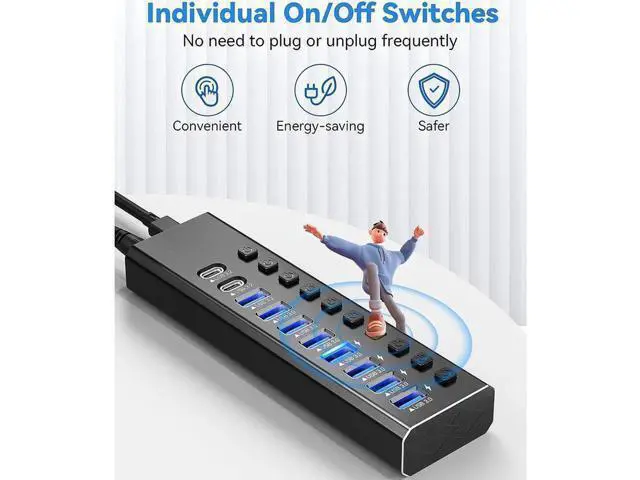 Alt view image 5 of 7 - Powered USB Hub 3.2, 10-Port USB 3.2/USB C Hub (10Gbps USB-A 3.2 + 2x USB-C 3.2 + 7x USB 3.0 Ports) with Individual On/Off Switches and 12V Power Adapter, Aluminum USB Hub Powered for Laptop PC