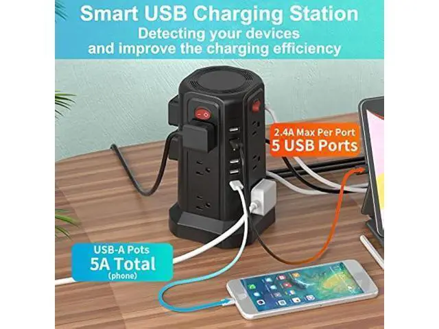 Alt view image 3 of 7 - Power Strip Surge Protector, 10FT Extension Cord with 12 AC Multiple Outlets and 5 USB Ports, PASSUS Power Strips Tower Surge Protection Overload Protection for Home Office Dorm Room Black