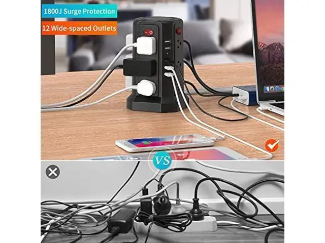 Alt view image 2 of 7 - Power Strip Surge Protector, 10FT Extension Cord with 12 AC Multiple Outlets and 5 USB Ports, PASSUS Power Strips Tower Surge Protection Overload Protection for Home Office Dorm Room Black