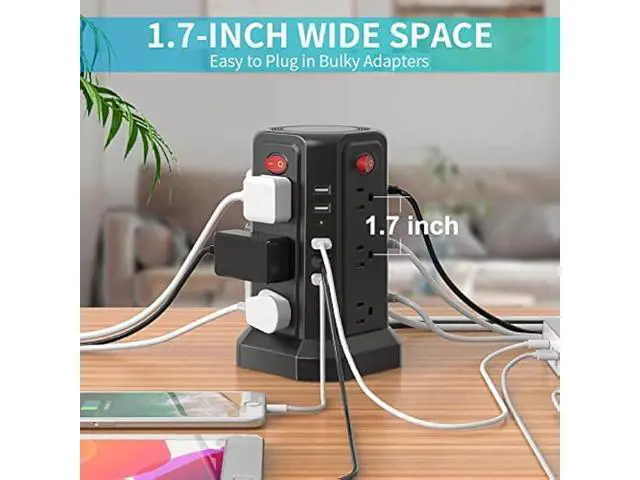 Alt view image 5 of 7 - Power Strip Surge Protector, 10FT Extension Cord with 12 AC Multiple Outlets and 5 USB Ports, PASSUS Power Strips Tower Surge Protection Overload Protection for Home Office Dorm Room Black