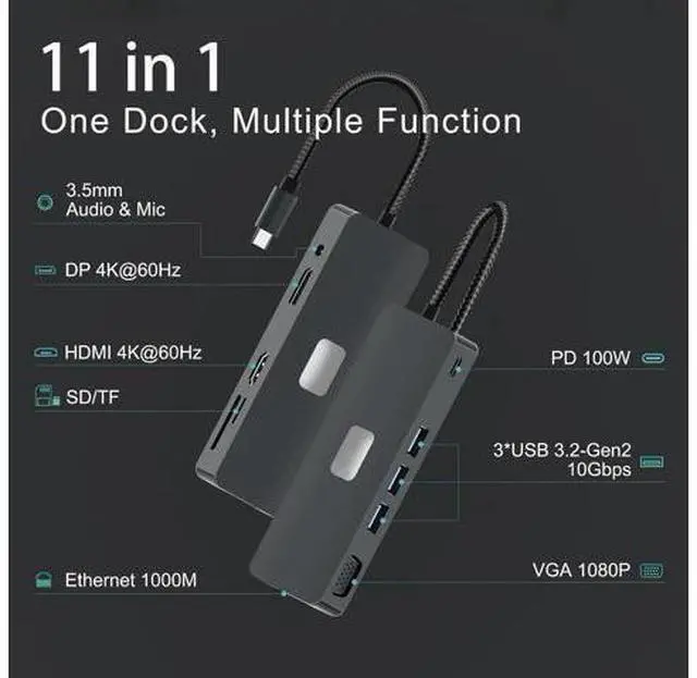 Alt view image 2 of 7 - Type C Docking Station for Laptops, 11 in 1 USB C Docking Station 3 Monitors to 4K HDMI, VGA, DP, USB C Hub Multiport Adapter to 3 * 10Gbps USB 3.2, 1000M Ethernet, PD 100W, SD/TF for Laptops