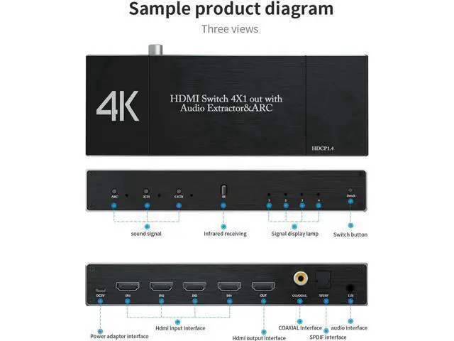 Alt view image 7 of 7 - Vszerda 4K@60Hz HDMI Switch 4 in 1 Out with Audio Extractor, HDMI Switcher with Optical SPDIF + 3.5mm Audio + Coaxial, HDMI Audio Selector Switch Box with Remote Support HDR10 ARC 18Gbps HDCP2.2