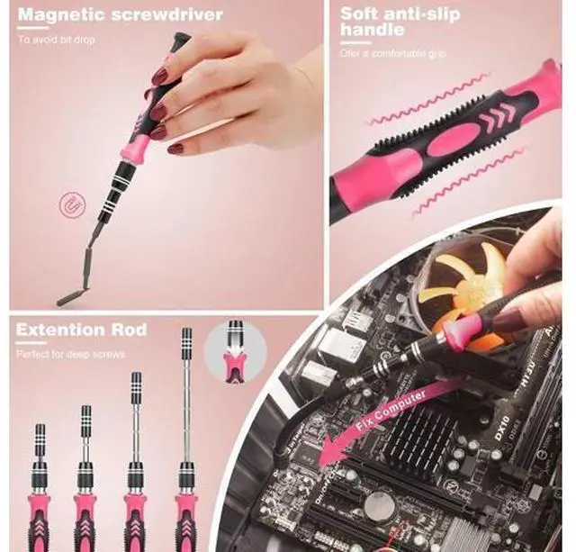 Alt view image 2 of 6 - Screwdriver Phillips,Torx,Pentalobe,Triangle Triwing,Flat Head,Star,Eyeglasses Repair Kit Pink tool box with Spudger for iPhone/Xbox/PS4 Switch Controller, Ring Doorbell,Mac