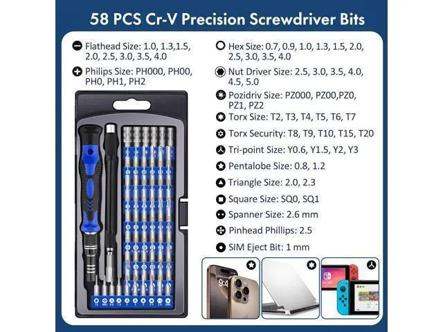 Alt view image 2 of 7 - 62-in-1 Precision Screwdriver Kit, 58 Magnetic Bits, Flexible Shaft & Extension Rod, Electronics Repair Tool for Phone, Laptop, PC, Tablet, Game Console