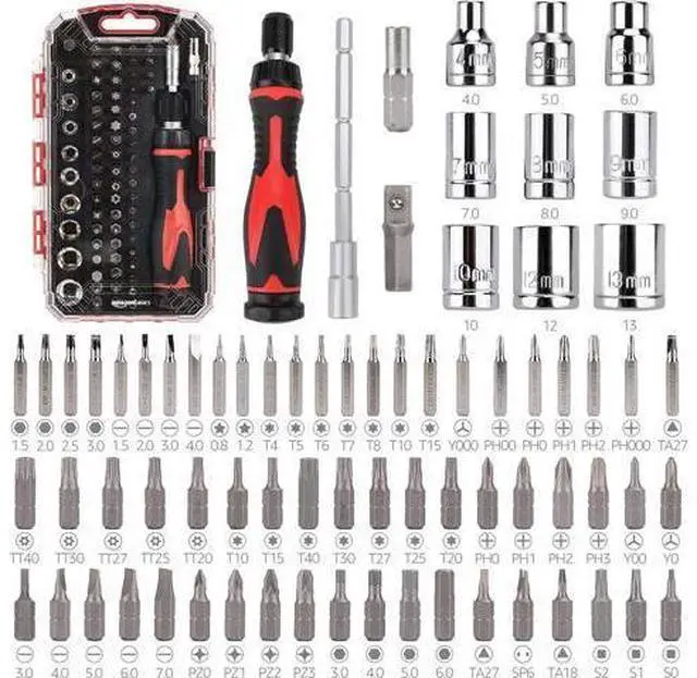 Main image of Magnetic Ratcheting Wrench and Electronics Precision Screwdriver Tool Set, 73-Piece, with Carry Case for Household Repair, Small Jobs, Eyeglasses, Black/Red/Silver