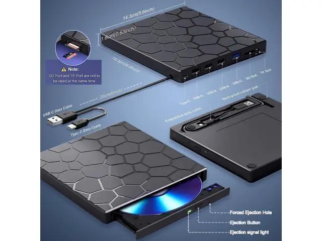 Alt view image 3 of 3 - External CD/DVD Drive for Laptop, Portable DVD Player for Laptop, 8 in 1 USB 3.0 CD/DVD-ROM +/-RW CD Burner,cd drive external usb cd reader Compatible with Laptop Desktop Mac,Windows 11/10/8/7 Linux