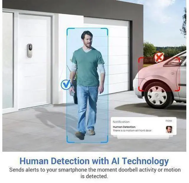 Alt view image 2 of 7 - 1080p Wireless Video Doorbell Camera for Home Security, Battery Powered, Live View, Cloud Storage, AI Human Detection, Night Vision, Two Way Audio, Indoor Outdoor Surveillance, 2.4G Wi-Fi only