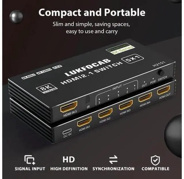 Alt view image 6 of 7 - HDMI 2.1 Switch 5 in 1 Out 8K 60Hz, 5 Port HDMI Switcher Selector Box 5x1 with IR Remote, Support 4K@120Hz, 48Gbps, HDR 10+, HDCP 2.3, 3D, for PS5/4/3, Xbox Series X, NS, Laptop, PC
