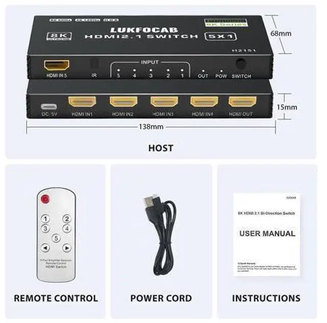 Alt view image 7 of 7 - HDMI 2.1 Switch 5 in 1 Out 8K 60Hz, 5 Port HDMI Switcher Selector Box 5x1 with IR Remote, Support 4K@120Hz, 48Gbps, HDR 10+, HDCP 2.3, 3D, for PS5/4/3, Xbox Series X, NS, Laptop, PC