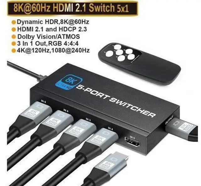 Main image of JAHDMI Switch 8K@60Hz, 5 Port HDMI 2.1 Switcher Selector 5 in 1 Out HDMI Switch with IR Remote Control, Supports 8K HDR10 HDCP 2.3 3D Dolby for Nintendo Switch,Xbox PS5/PS4,Fire Stick and More - OZ8Q5