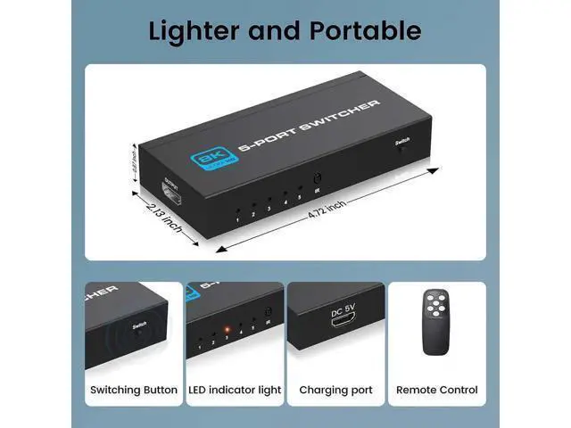 Alt view image 6 of 7 - JAHDMI Switch 8K@60Hz, 5 Port HDMI 2.1 Switcher Selector 5 in 1 Out HDMI Switch with IR Remote Control, Supports 8K HDR10 HDCP 2.3 3D Dolby for Nintendo Switch,Xbox PS5/PS4,Fire Stick and More - OZ8Q5
