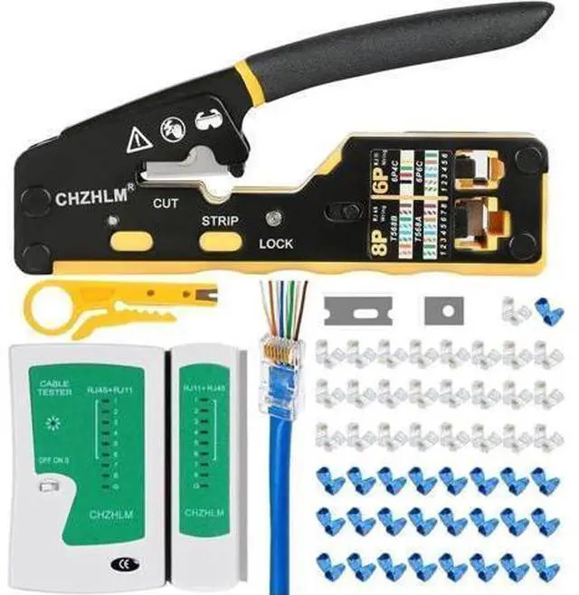 Main image of RJ45 Crimp Tool Kit Pass Through Crimper RJ45 Crimping Tool Stripper Cutter Crimper All-in-One for 8P RJ45 Cat5 Cat5e Cat6 Cat6a 6P RJ11/12 Telephone Connectors With Cable Tester 50PCS Connectors 50PC