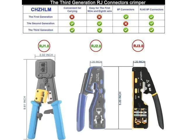 Alt view image 3 of 6 - RJ45 Crimp Tool Kit Pass Through Crimper RJ45 Crimping Tool Stripper Cutter Crimper All-in-One for 8P RJ45 Cat5 Cat5e Cat6 Cat6a 6P RJ11/12 Telephone Connectors With Cable Tester 50PCS Connectors 50PC
