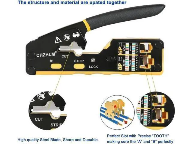 Alt view image 6 of 6 - RJ45 Crimp Tool Kit Pass Through Crimper RJ45 Crimping Tool Stripper Cutter Crimper All-in-One for 8P RJ45 Cat5 Cat5e Cat6 Cat6a 6P RJ11/12 Telephone Connectors With Cable Tester 50PCS Connectors 50PC