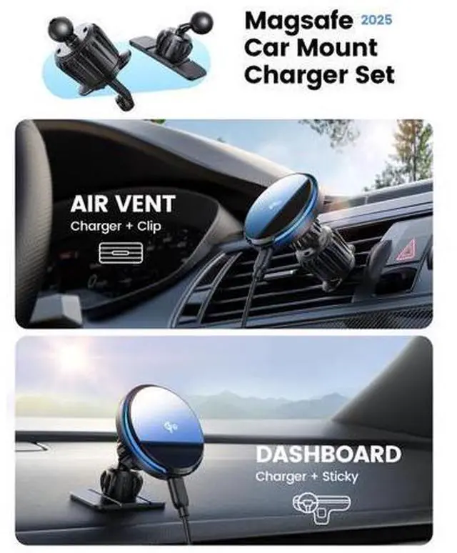 Alt view image 4 of 7 - 15W for QI2 Magsafe Car Mount Charger - RGB LED360° Wireless Car Phone Holder Vent Dashboard, HandsFree Magnetic Phone Holder for Car Charging for iPhone 17 Air Pro Max Plus 16 15 14 13 12