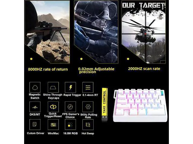 Alt view image 2 of 7 - HE30 Rapid Trigger Magnetic Switch Gaming Keyboard,One-Handed Hall Effect RGB HotSwap Adjustable Actuation 8kHz Hyper Fast Mini Macro Gasket E-Sports Keypad Ergonomic Mechanical Keyboard (White)
