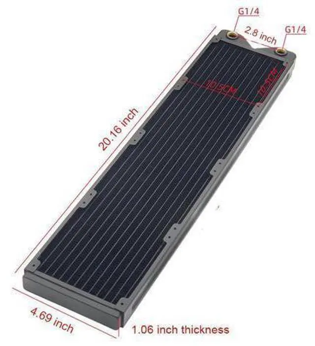 Alt view image 2 of 6 - 480mm Water Cooling Radiator, 12 Tubes Copper Water Cooler for Computer CPU Heat Sink - Liquid Heat Exchanger Dual G1/4 Thread, 1.06 inch Thickness, Black