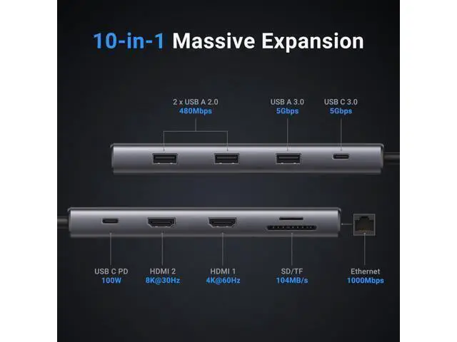Alt view image 2 of 7 - UGREEN Docking Station 10 in 1 Revodok Pro 210 USB C Dock Dual HDMI 4K@60Hz Single 8K@30Hz 100W PD 5Gbps USB C and USB A Data Ports Gigabit Ethernet, SD/TF Card Reader USB Hub Compatible for HP,