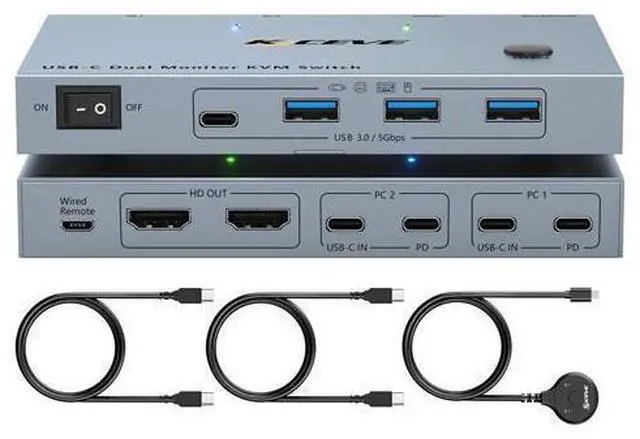 Main image of USB C KVM Switch 2 Monitors 2 Laptops, 4K@60Hz USB C Dual Monitor KVM Switch for 2 laptops to Share 2 Monitor and 4 USB3.0 Devices, 80W PD Charging, Wired Remote and Cables Included