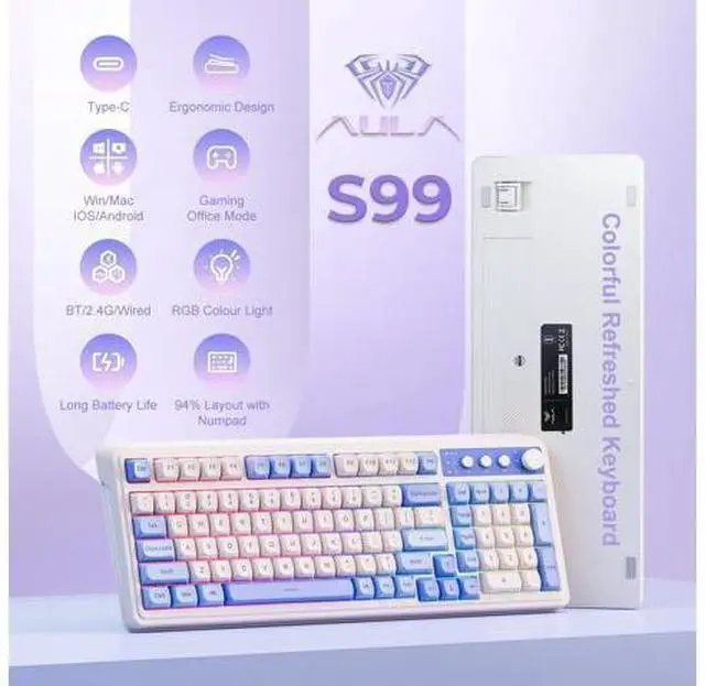 Alt view image 2 of 7 - Vszerda 99 Key Keyboard, Tri-Mode Bluetooth/2.4GHz/USB-C Cute Creamy Gaming Keyboard with Number Pad RGB Backlit, Media Knob Custom Mechanical Feel Computer Keyboards for MAC Xbox PC Gamer - Purple