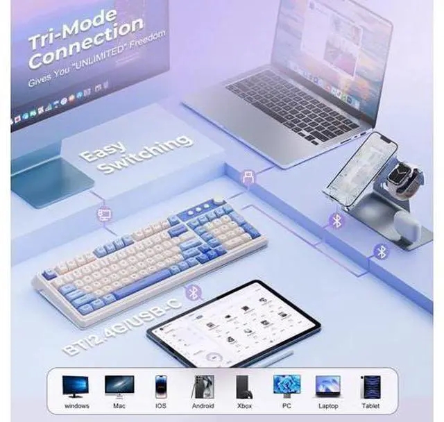 Alt view image 3 of 7 - Vszerda 99 Key Keyboard, Tri-Mode Bluetooth/2.4GHz/USB-C Cute Creamy Gaming Keyboard with Number Pad RGB Backlit, Media Knob Custom Mechanical Feel Computer Keyboards for MAC Xbox PC Gamer - Purple
