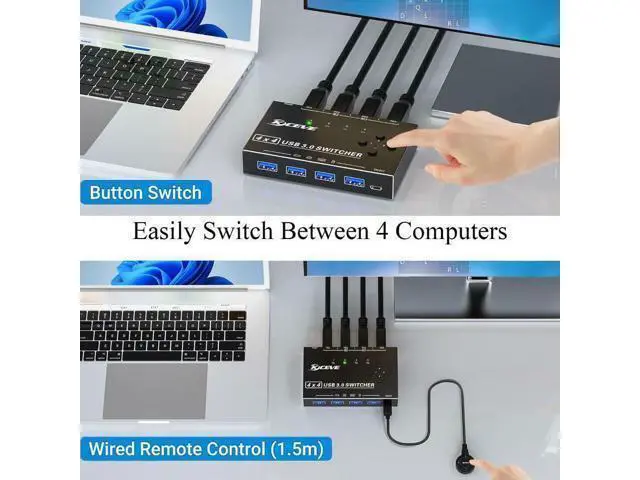 Alt view image 3 of 5 - USB 3.0 Switch Selector 4 Computers, 4 Port USB KVM Switch for 4 PC Share 4 USB Devices for Keyboard Mouse Printer, Wired Remote and 4 USB 3.0 Cables Included