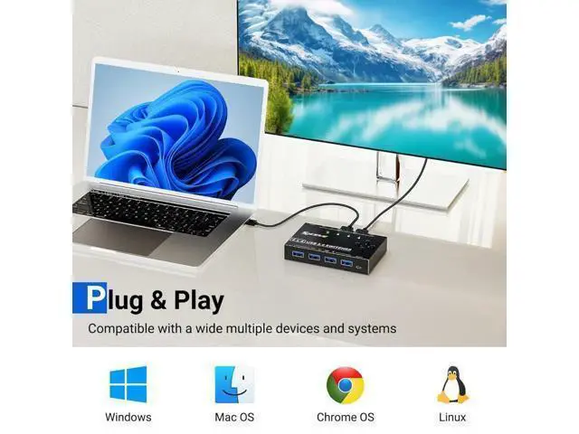 Alt view image 5 of 5 - USB 3.0 Switch Selector 4 Computers, 4 Port USB KVM Switch for 4 PC Share 4 USB Devices for Keyboard Mouse Printer, Wired Remote and 4 USB 3.0 Cables Included