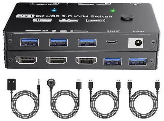Main image of Vszerda KVM Switch 1 Monitor 2 Computers 8K@60Hz, HDMI KVM Switches for 2 PC Sharing Single Monitor and Keyboard Mouse with Power Adapter, Wired Extend Controller and USB3.0 Cables